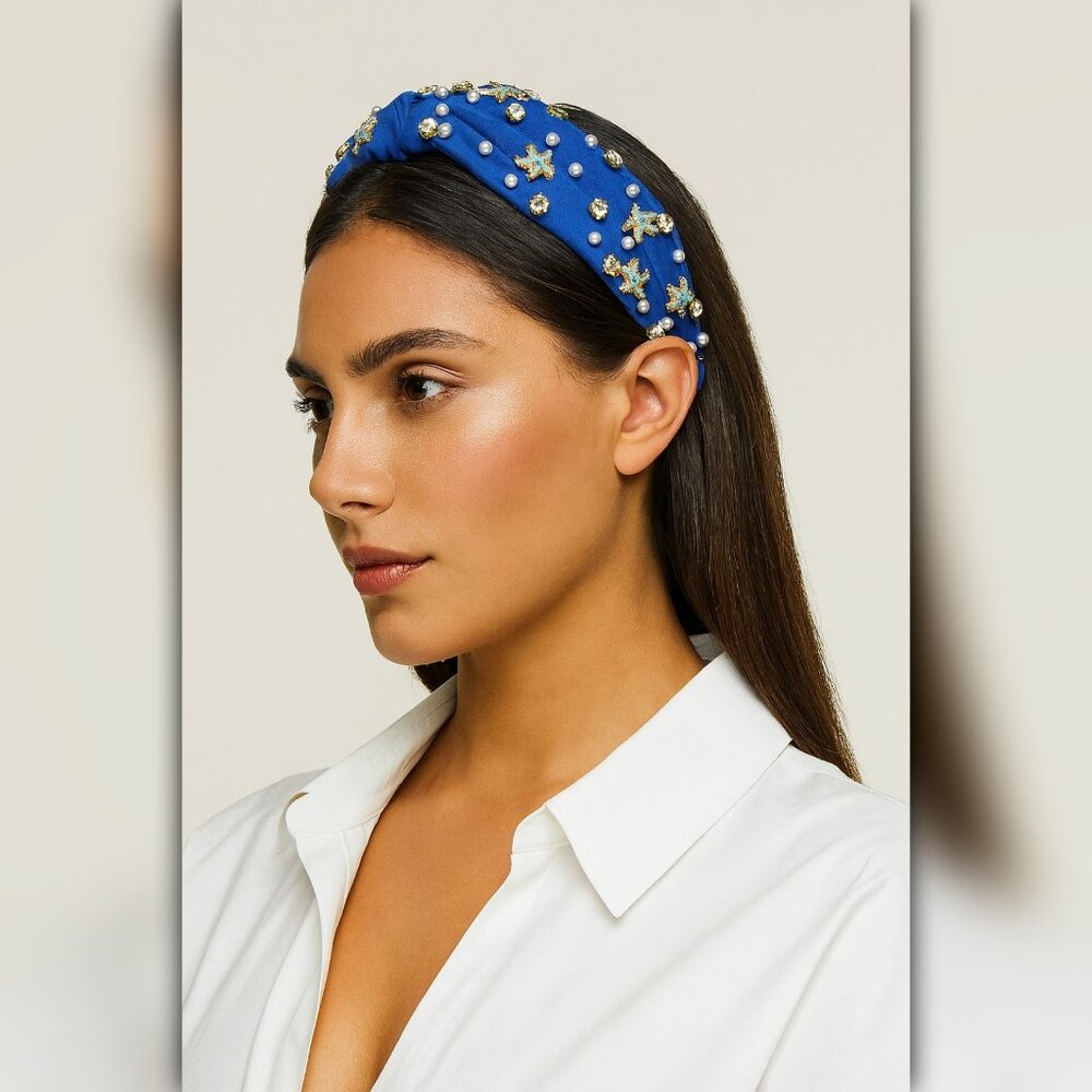 A346-G • Royal Blue Starfish Pearl Rhinestone Padded Headband